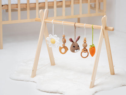 Handmade Wooden Baby Gym – Natural Montessori Play Gym with Rabbit, Carrot & Chamomile Flower Toys