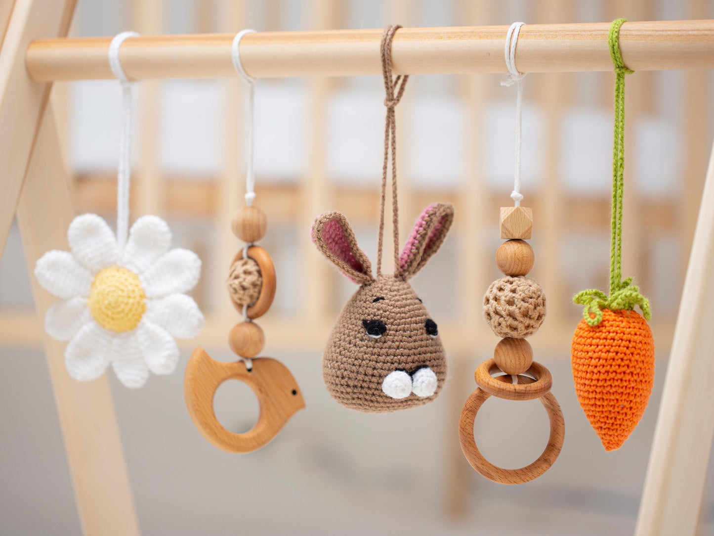Handmade Wooden Baby Gym – Natural Montessori Play Gym with Rabbit, Carrot & Chamomile Flower Toys