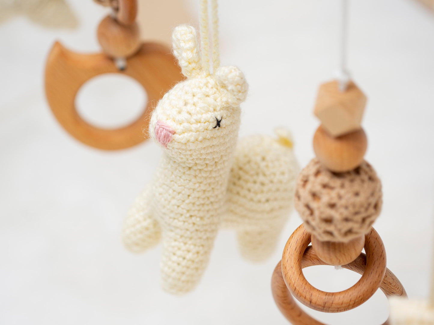 Personalized Wood Baby Gym: Llama, Star & Moon Crochet Toys