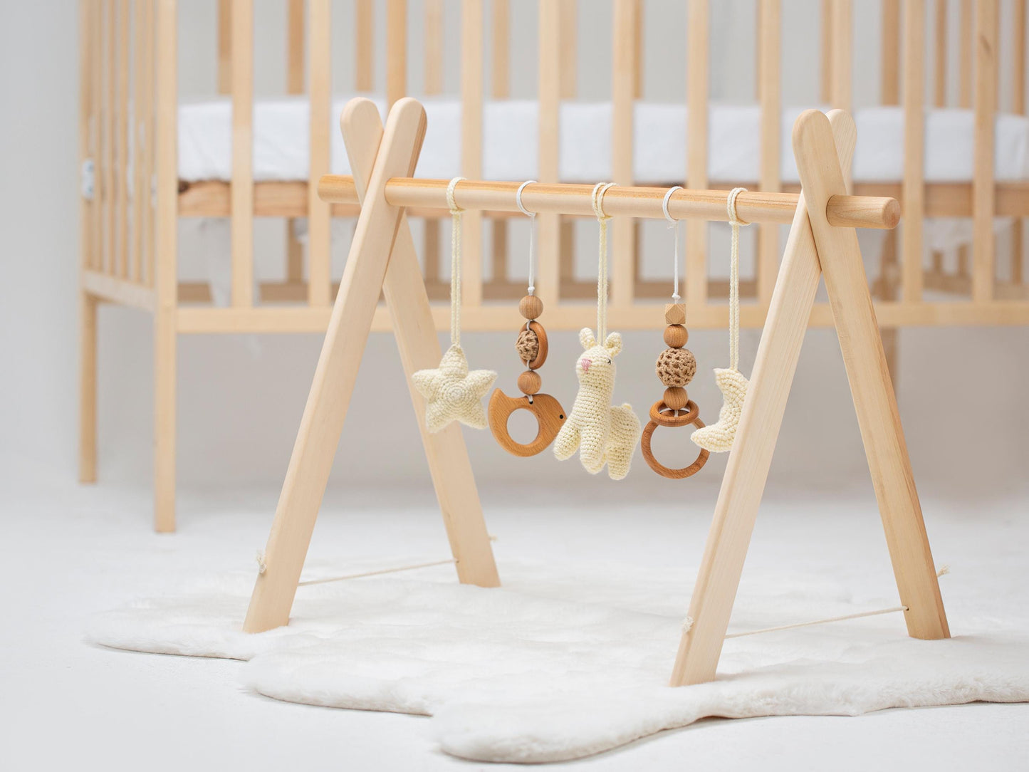 Personalized Wood Baby Gym: Llama, Star & Moon Crochet Toys