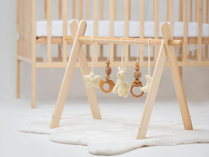 Personalized Wood Baby Gym: Llama, Star & Moon Crochet Toys