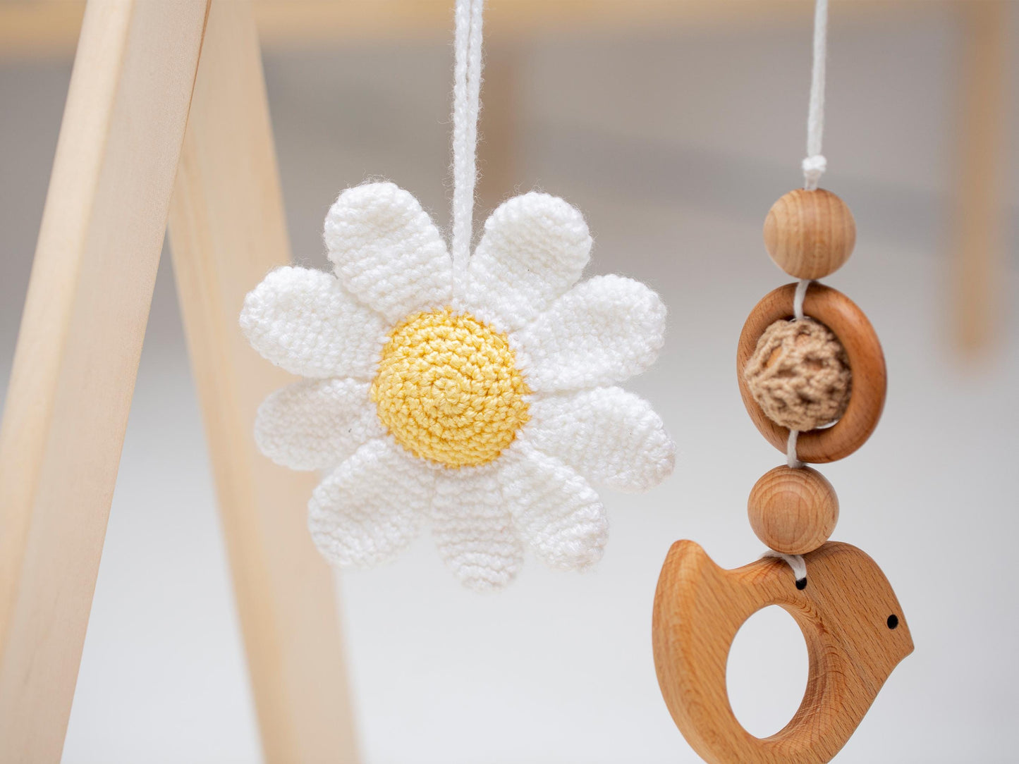Handmade Wooden Baby Gym – Natural Montessori Play Gym with Rabbit, Carrot & Chamomile Flower Toys