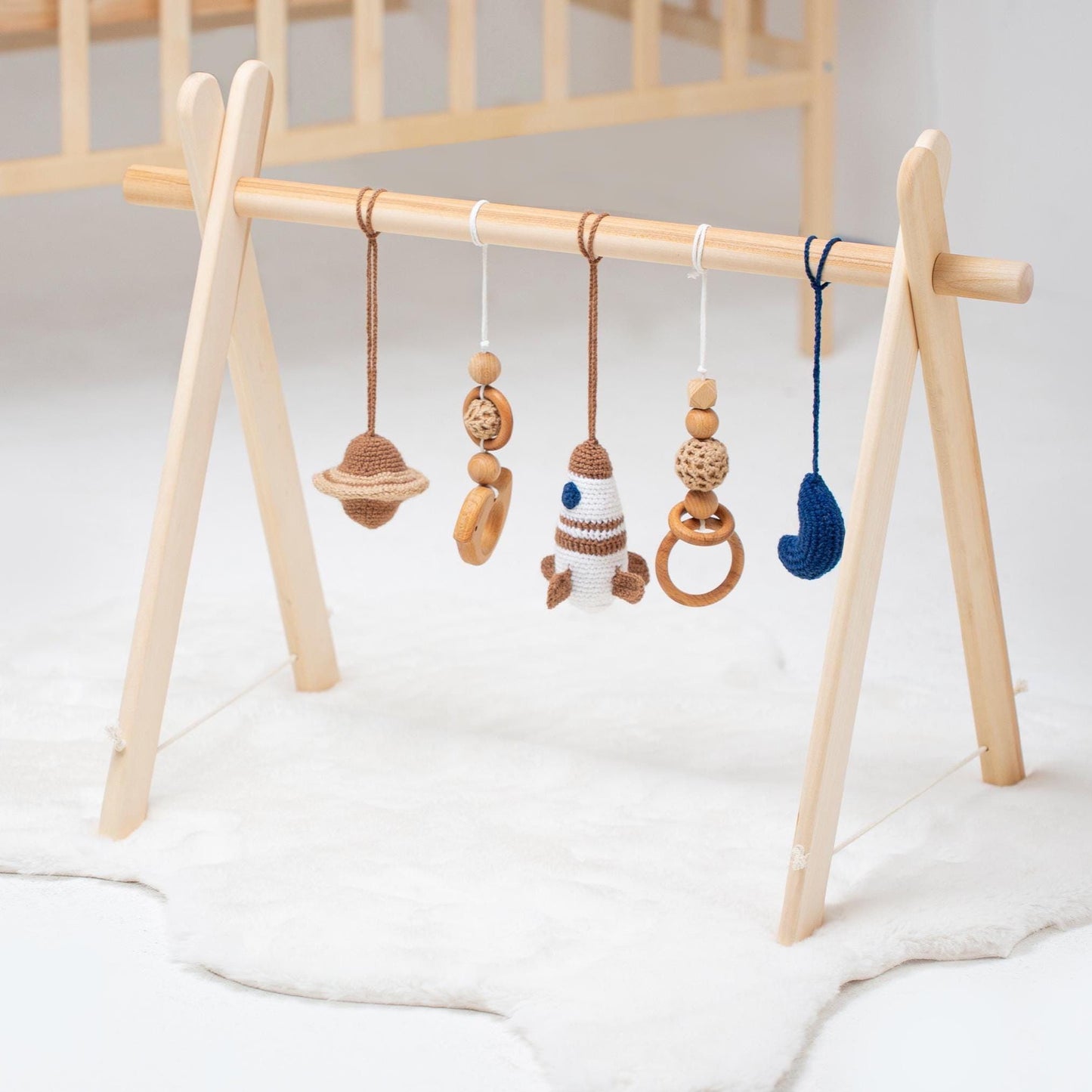 Wood Baby Gym | Crochet Rocket, Planet and Moon | Baby Shower Gift