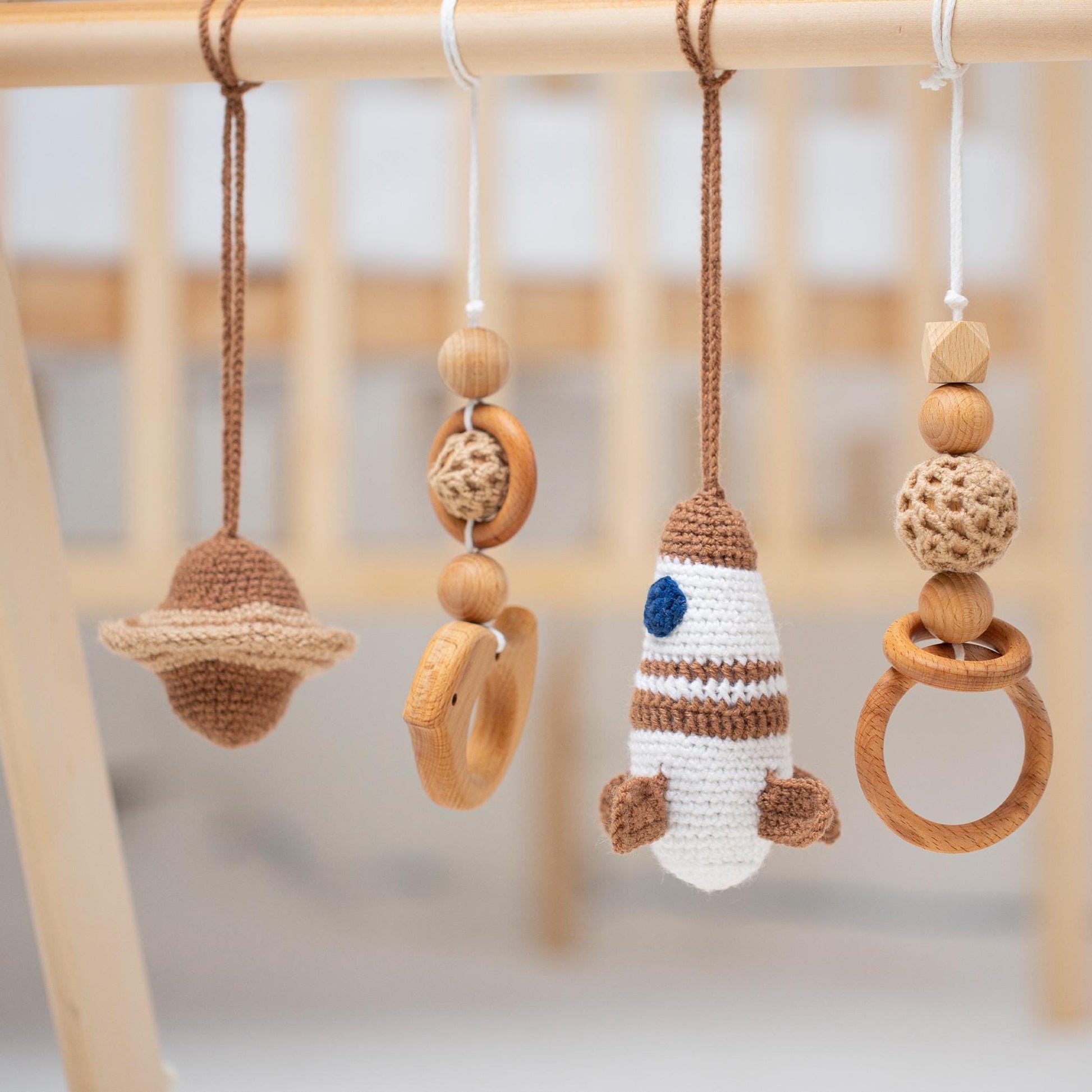 Wood Baby Gym | Crochet Rocket, Planet and Moon | Baby Shower Gift