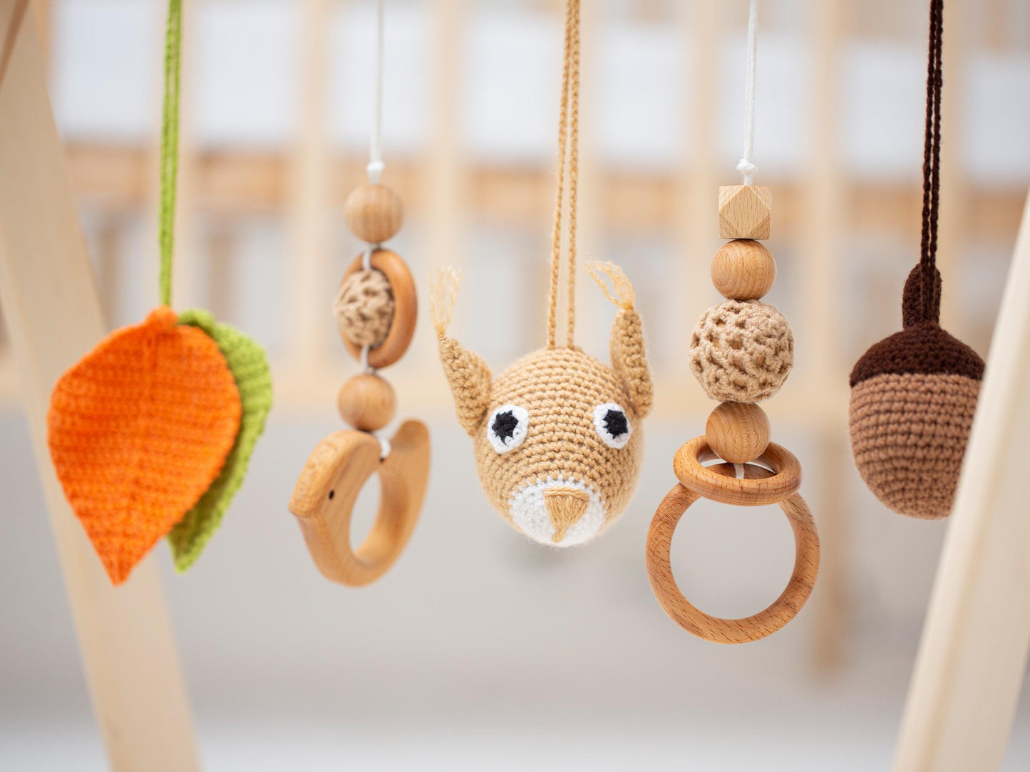 Handmade Baby Gym | 1st Birthday Gift | Crochet Squirrel, Leaves and Nut |