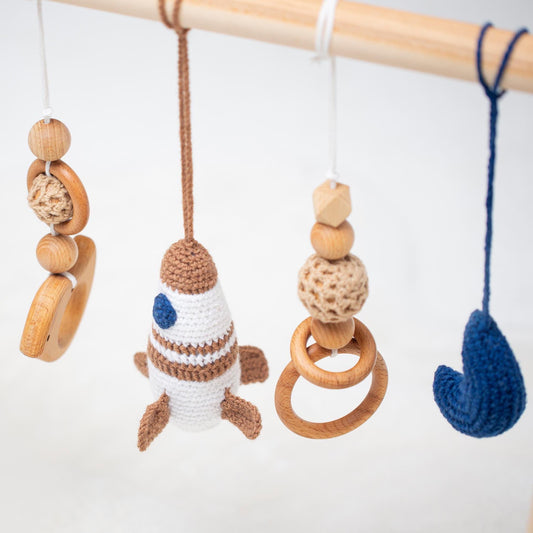 Wood Baby Gym | Crochet Rocket, Planet and Moon | Baby Shower Gift