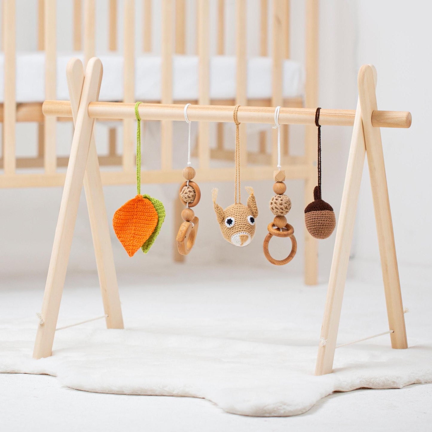Handmade Baby Gym | 1st Birthday Gift | Crochet Squirrel, Leaves and Nut |